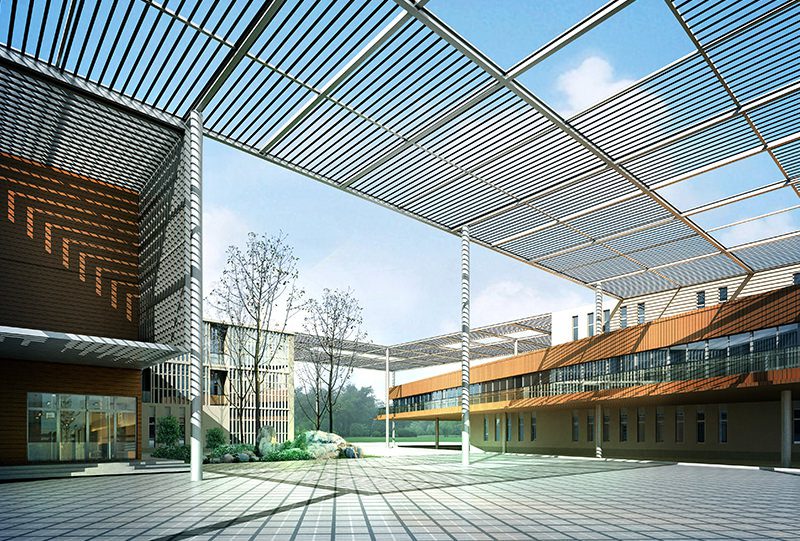 A 3d rendering of a courtyard with a metal roof.