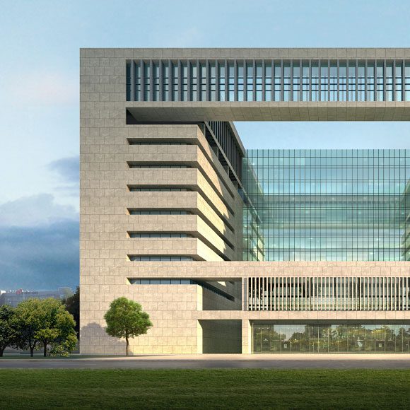 A rendering of an office building in front of a grassy area.