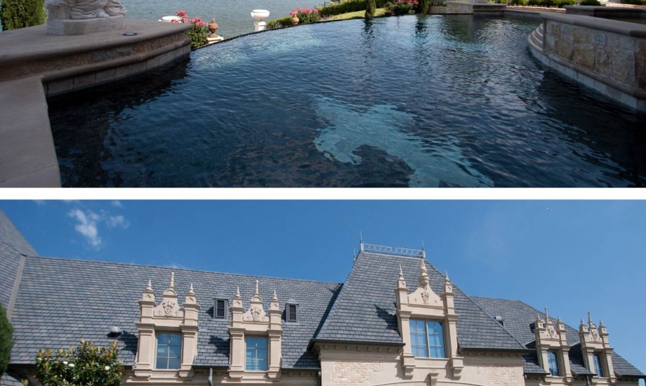 Two pictures of a mansion with a swimming pool.