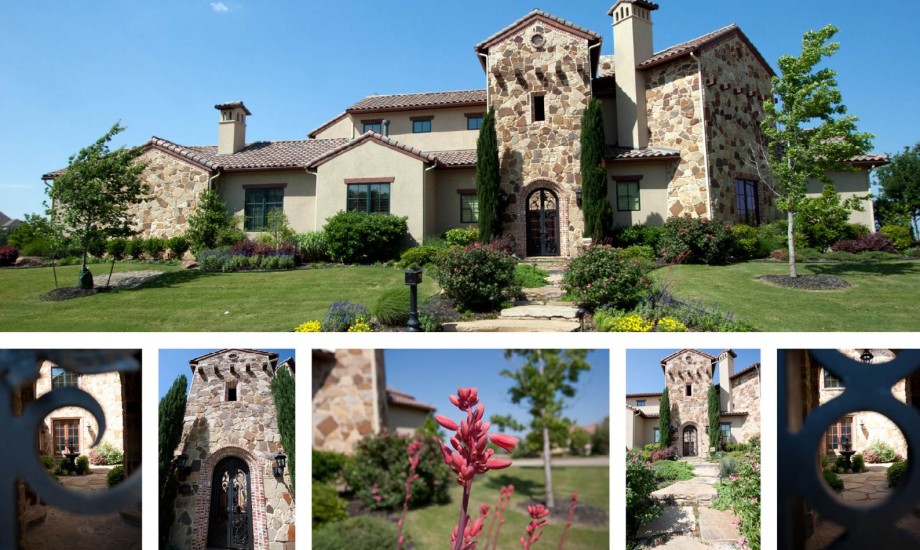 A collage of pictures of a house with a stone front.