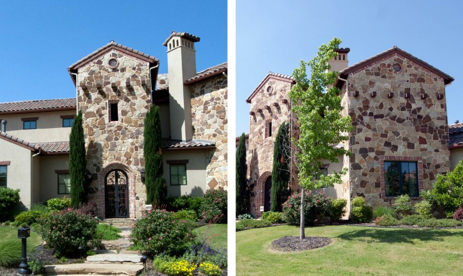 Before and after pictures of a stone house in texas.
