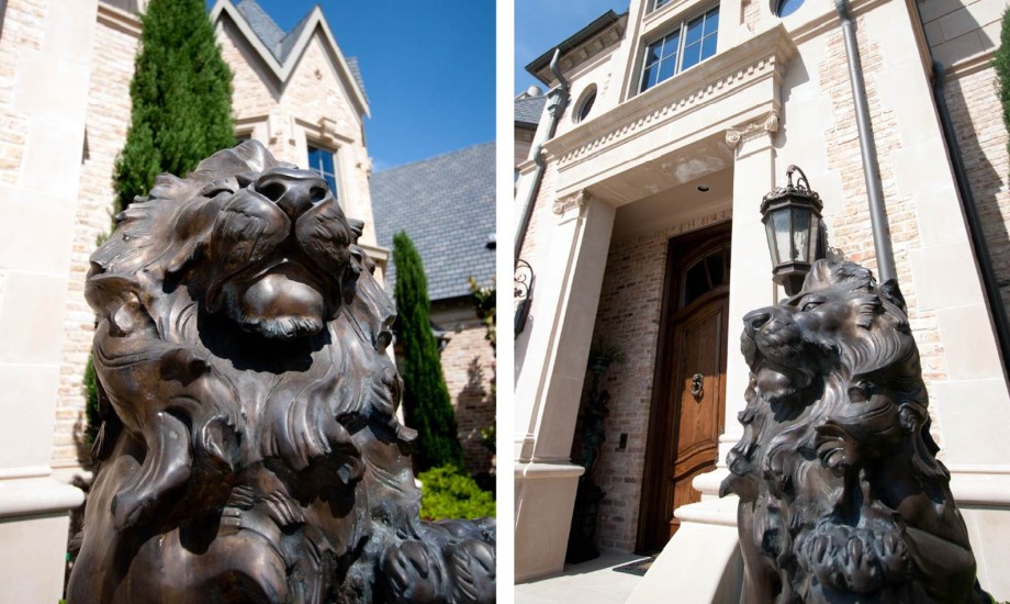 Two pictures of a lion statue in front of a house.