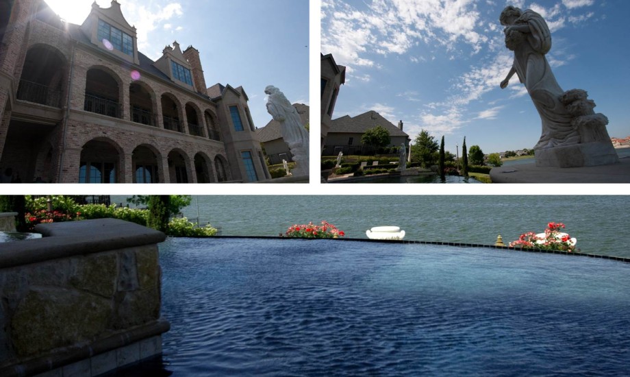 Four pictures of a swimming pool and a statue.