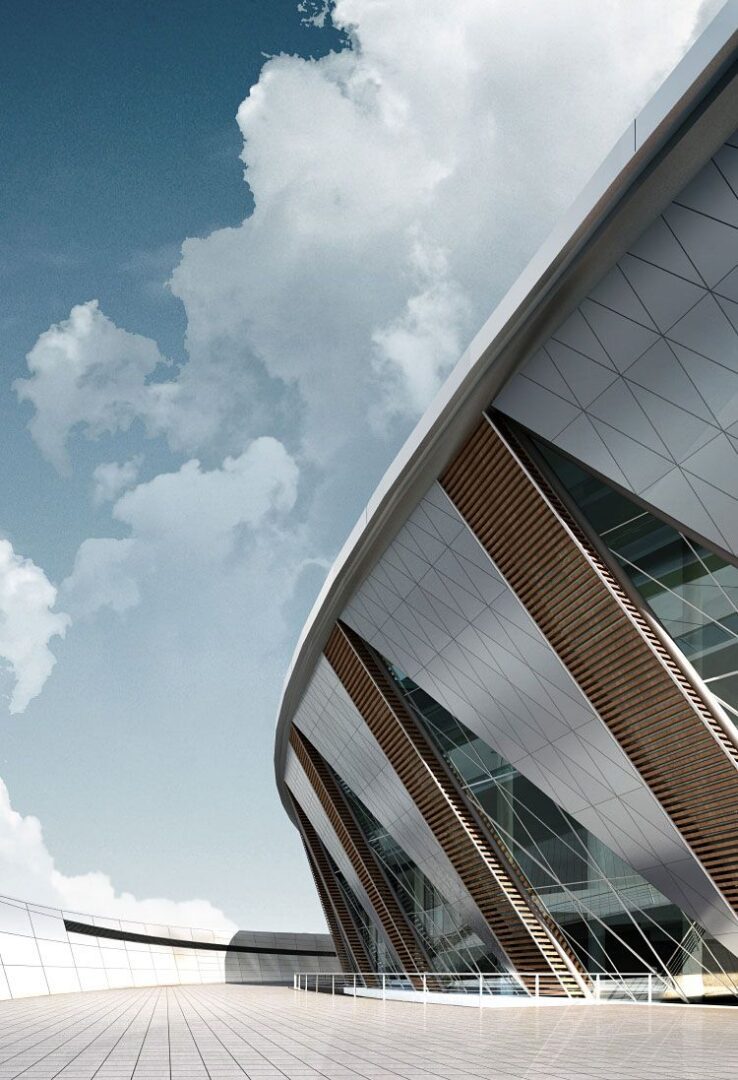 A modern building with a curved roof.