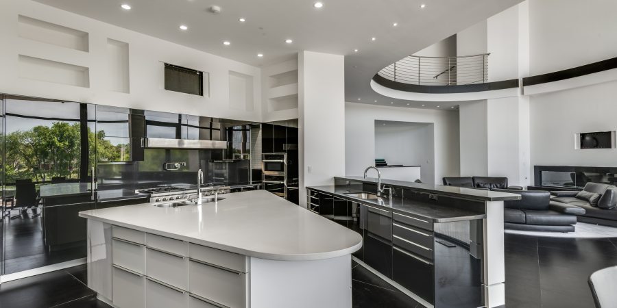 Sleek modern kitchen with two large islands