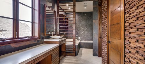 A beautiful bathroom with wooden finish