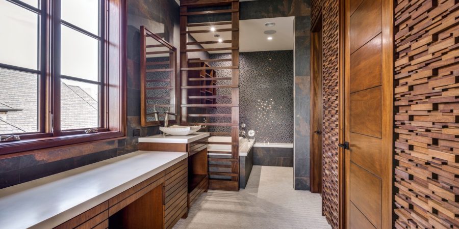 Modern luxury bathroom with wooden accents